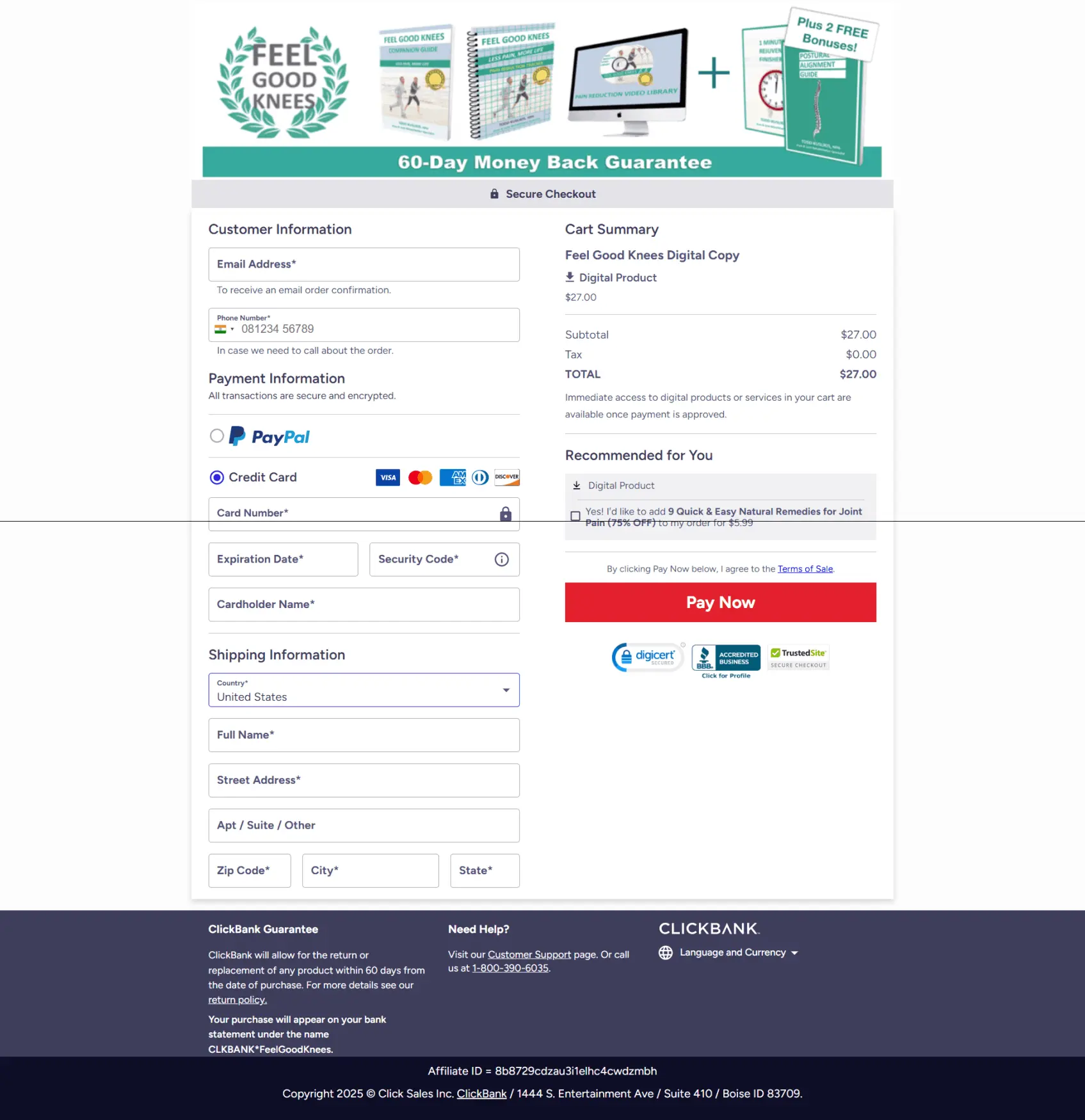 Feel Good Knees checkout page